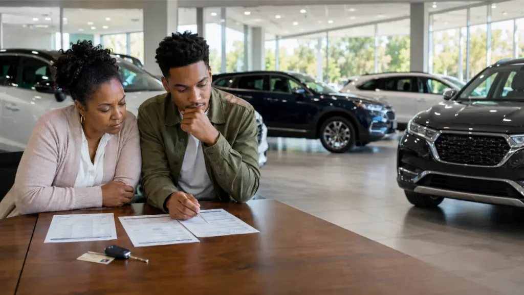 Realistic premium editorial photography, horizontal 16:9: a first-time Nashville car buyer at a bright kitchen table considering whether to ask a trusted family member to co-sign, with two generic financing worksheets, a simple budget, car keys, and government ID arranged neatly; all text and numbers unreadable, natural morning light, thoughtful serious mood, negative space on the right for blog cropping, no logos, watermarks, approval stamps, fake credit-score graphics, handshakes, or floating UI, photorealistic.