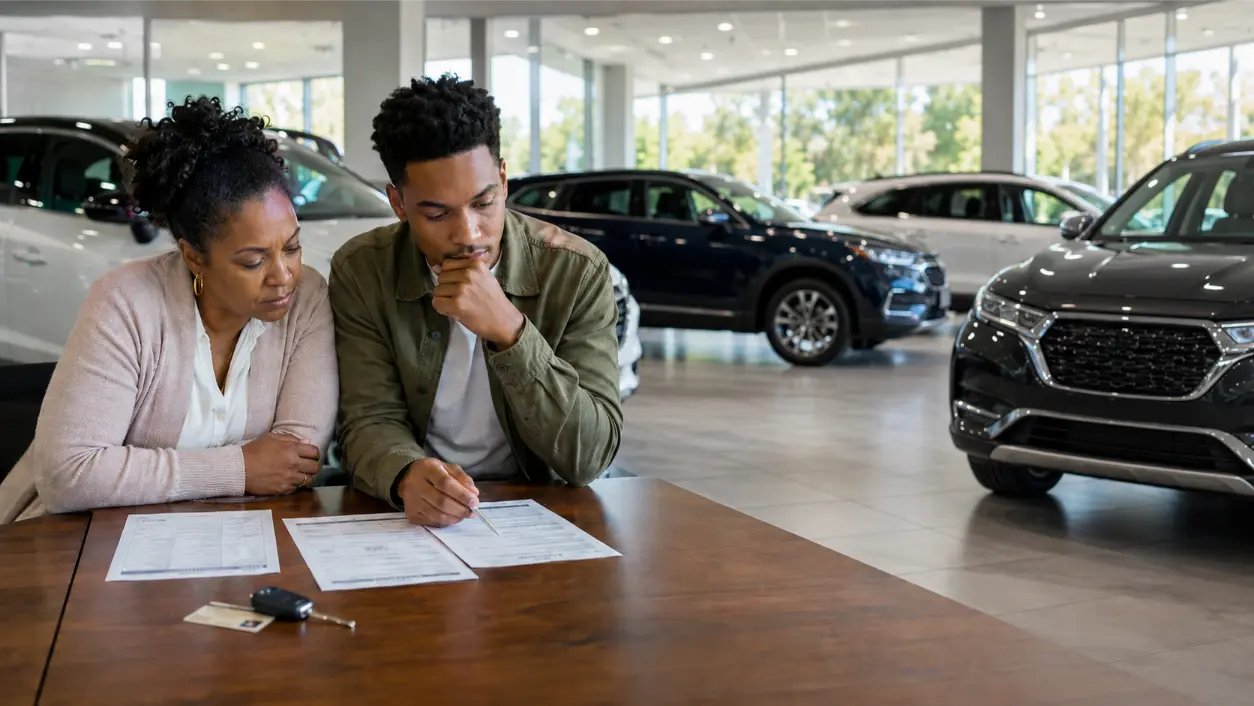 Realistic premium editorial photography, horizontal 16:9: a first-time Nashville car buyer at a bright kitchen table considering whether to ask a trusted family member to co-sign, with two generic financing worksheets, a simple budget, car keys, and government ID arranged neatly; all text and numbers unreadable, natural morning light, thoughtful serious mood, negative space on the right for blog cropping, no logos, watermarks, approval stamps, fake credit-score graphics, handshakes, or floating UI, photorealistic.